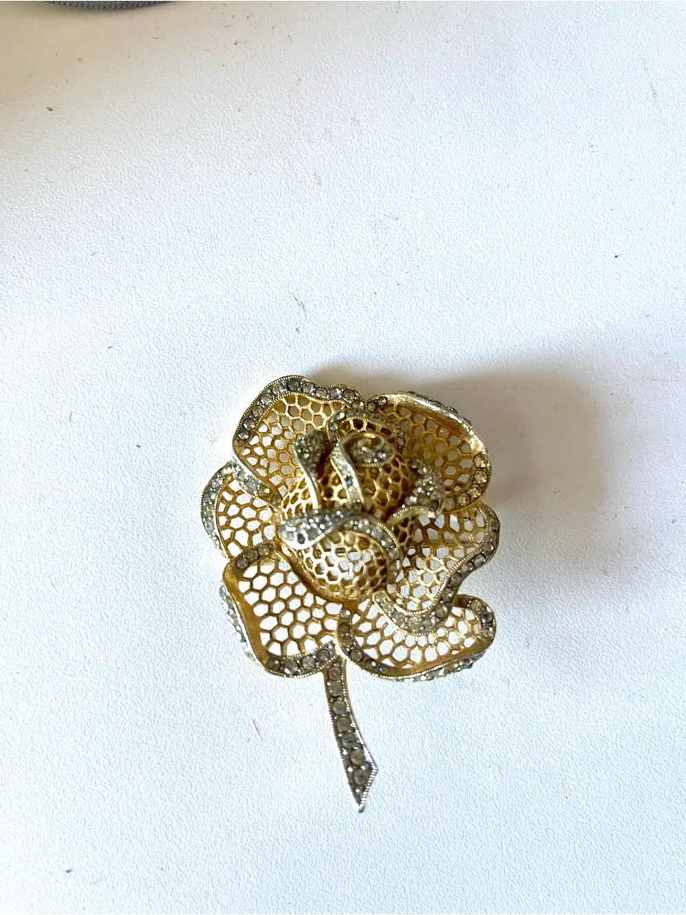 Vintage Marcel Boucher Gold Flower Filigree Brooch Rhinestone Accents - Jewlery